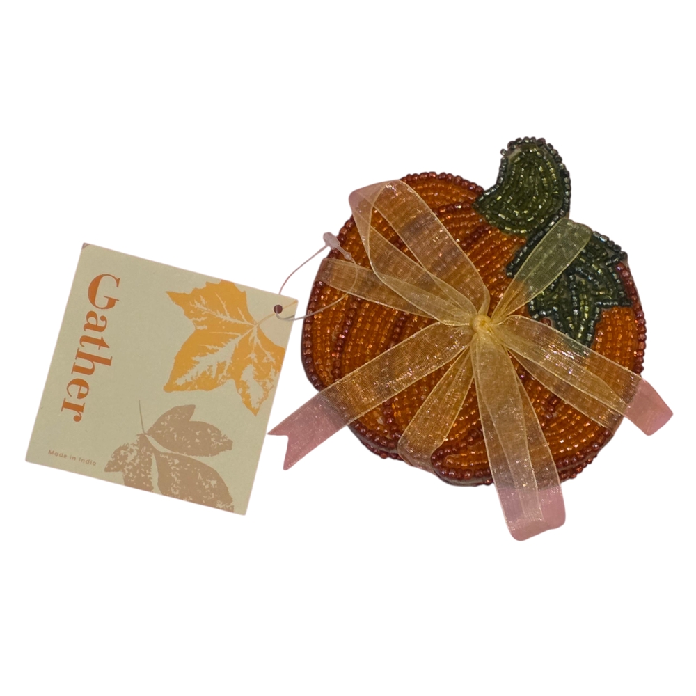 Beaded Pumpkin Decor - Orange and Green S/4 Coasters